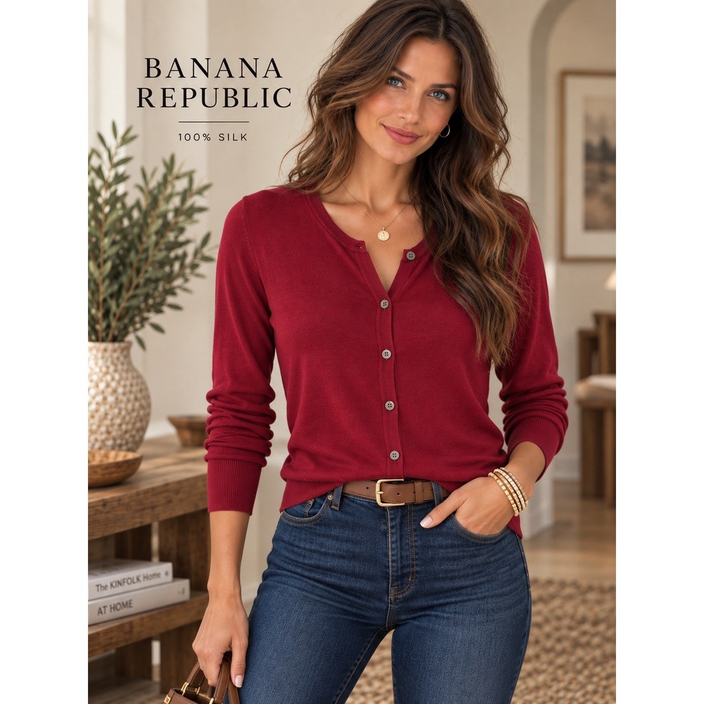 Banana Republic 100% Silk Burgundy Button Front Cardigan Career Sweater Size M